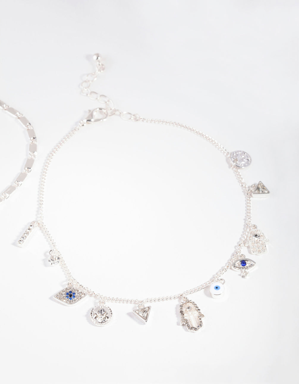 Silver Evil Eye Charm Anklet Set