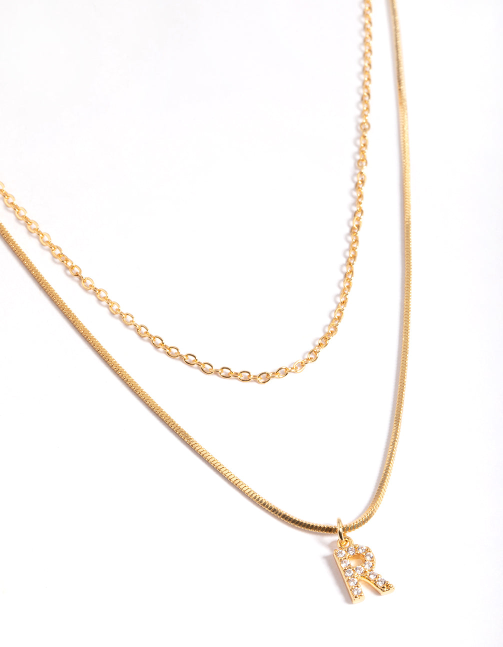 Gold Plated Diamante Letter R Layered Necklace