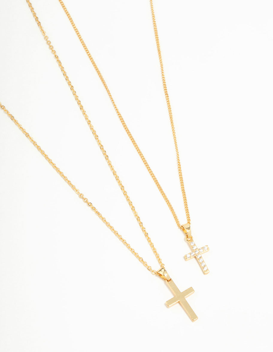 Gold Plated Cubic Zirconia & Plain Cross Necklaces 2-Pack