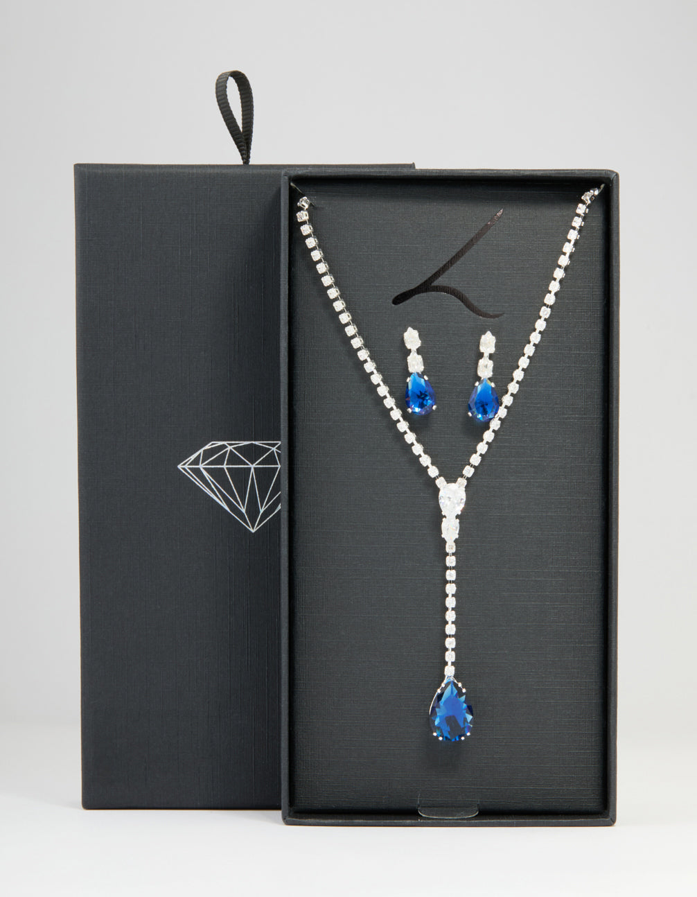 Silver Blue Cubic Zirconia Pear Y-Necklace & Earrings Set