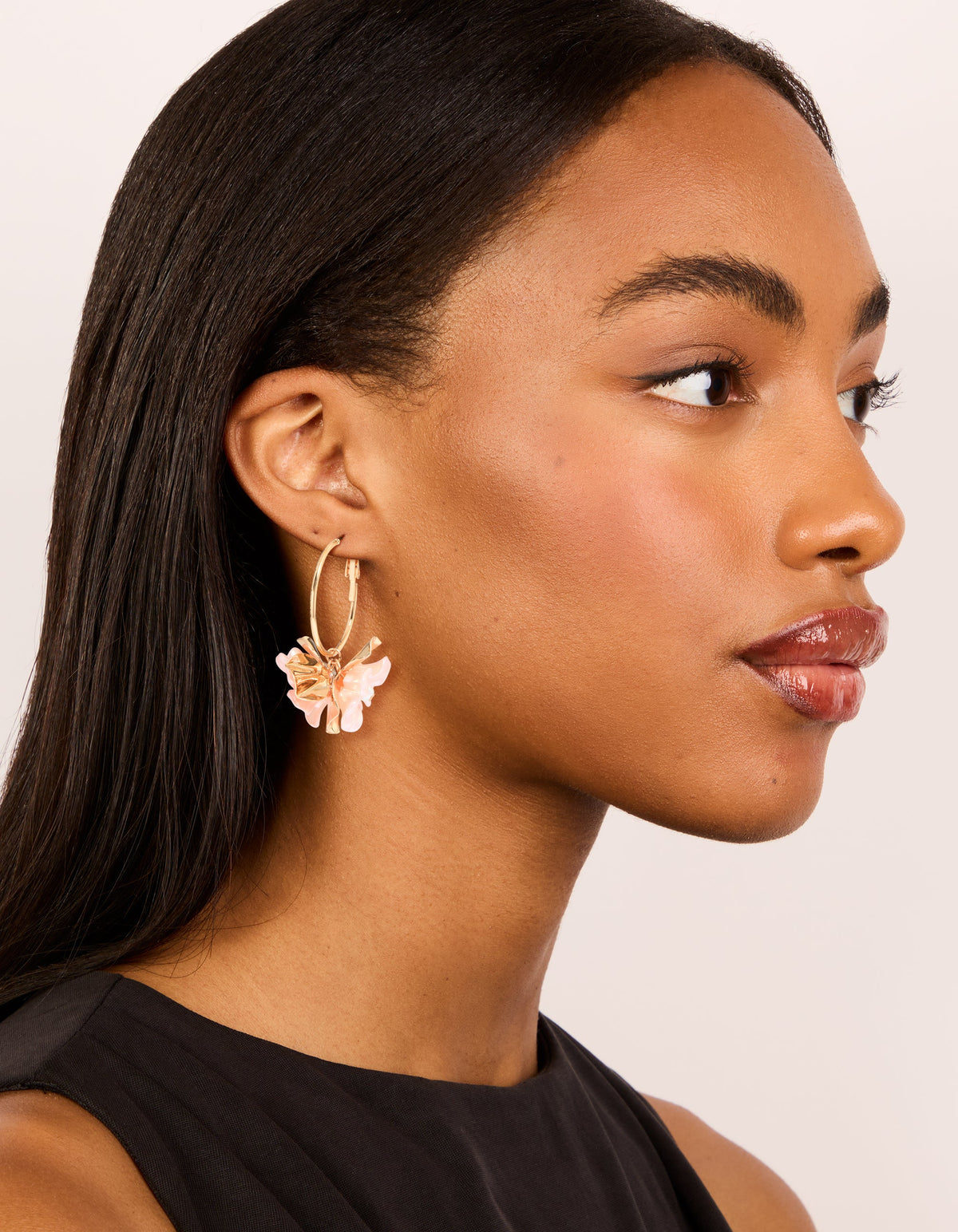 Gold Beaded Centre Pink Flower Hoop Earrings