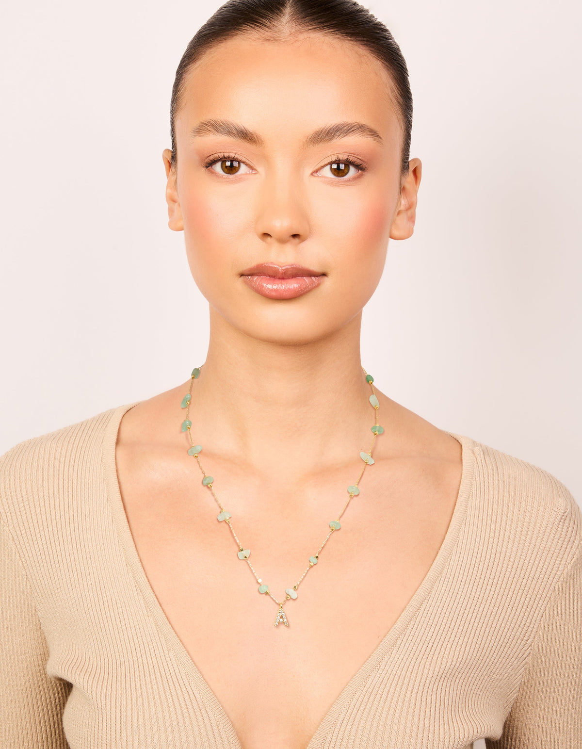 Gold Plated Green Aventurine Semi Precious Stone Cubic Zirconia Letter A Necklace