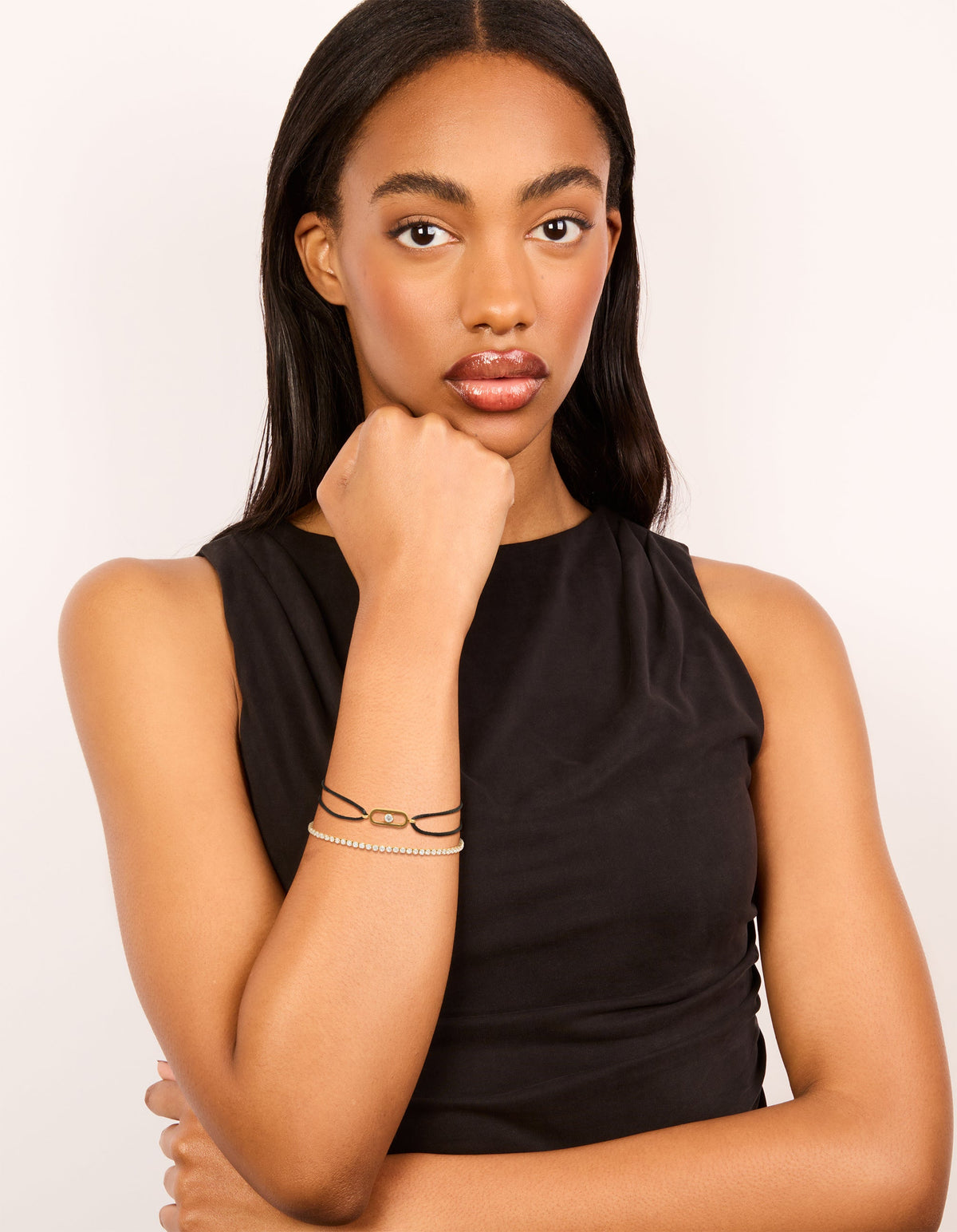 Waterproof Gold Plated Stainless Steel Cubic Zirconia & Black Cord Tennis Bracelet Set