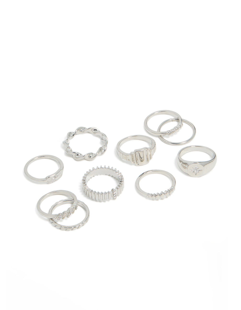 Silver Signet Ribbed & Twist Rings 10-Pack
