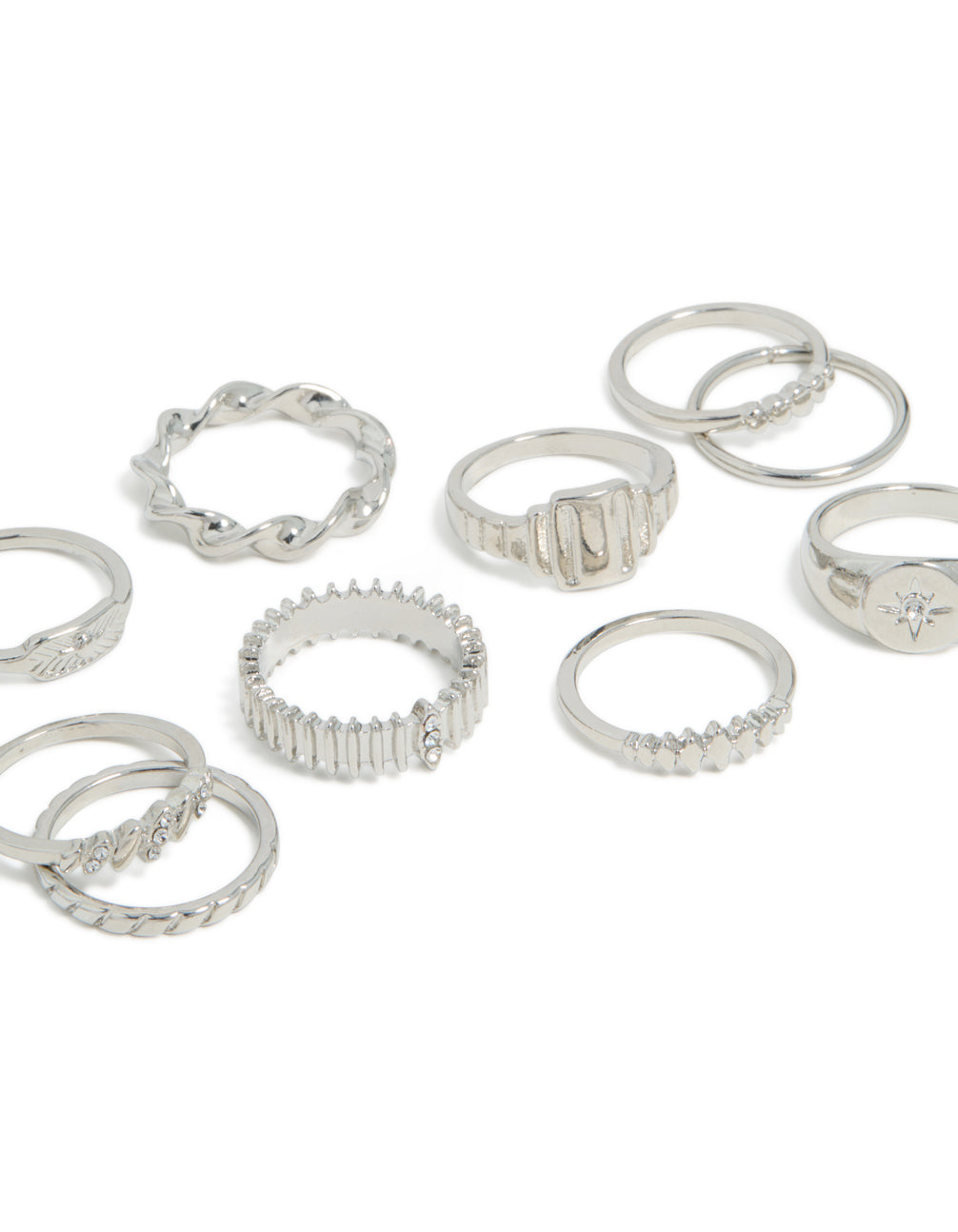 Silver Signet Ribbed & Twist Rings 10-Pack