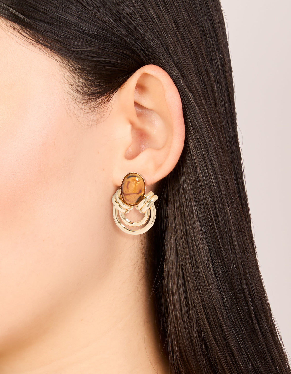 Gold Brown Stone & Double Lined Stud Earrings