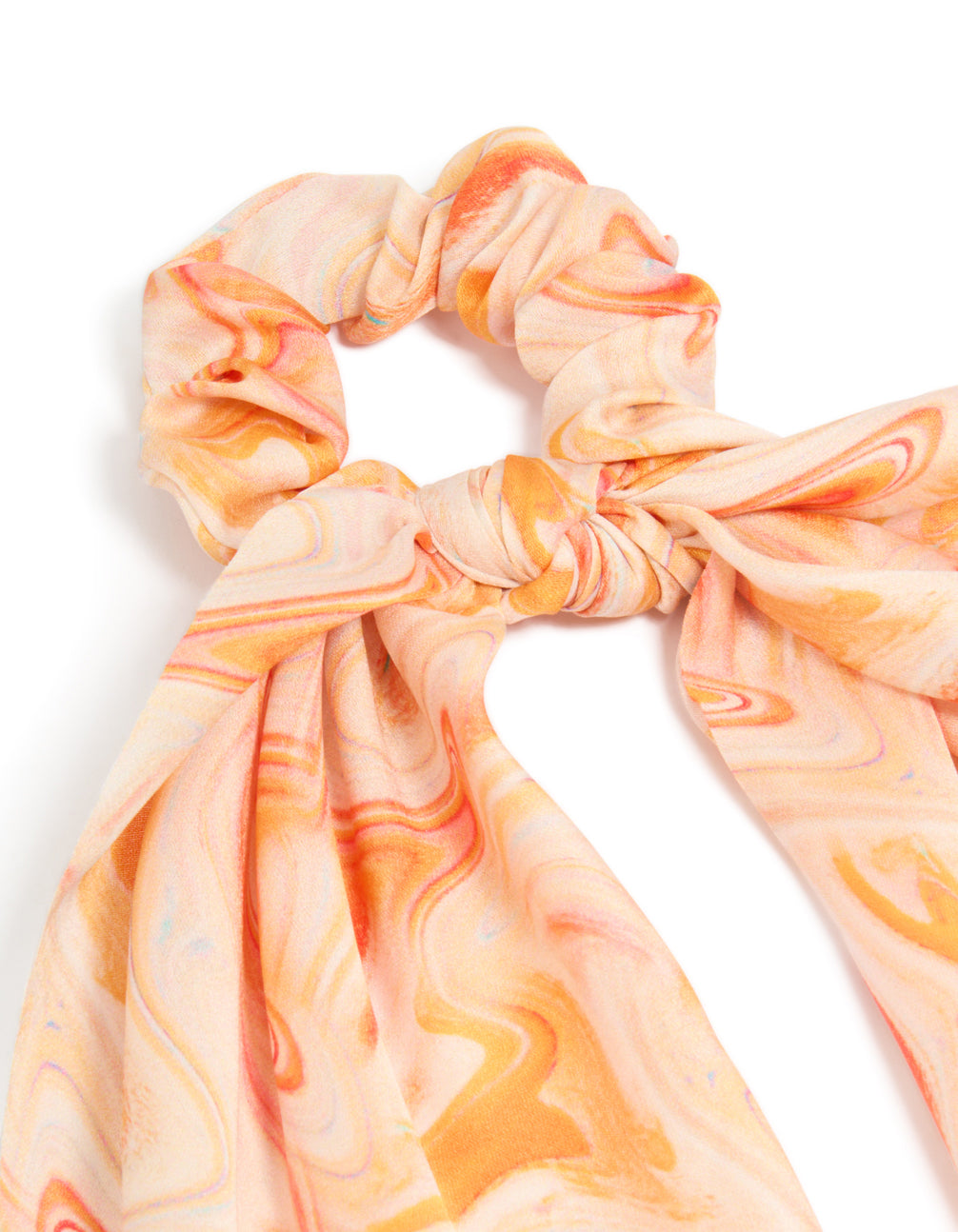 Orange Marbled Print Long Fabric Scarf Scrunchie