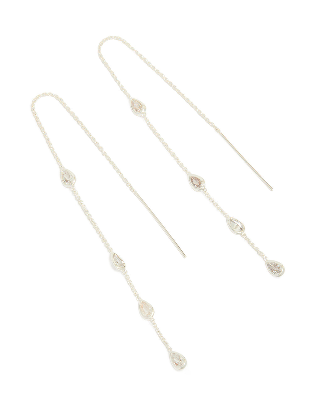 Silver Plated Station Pear Cubic Zirconia Threader Earrings