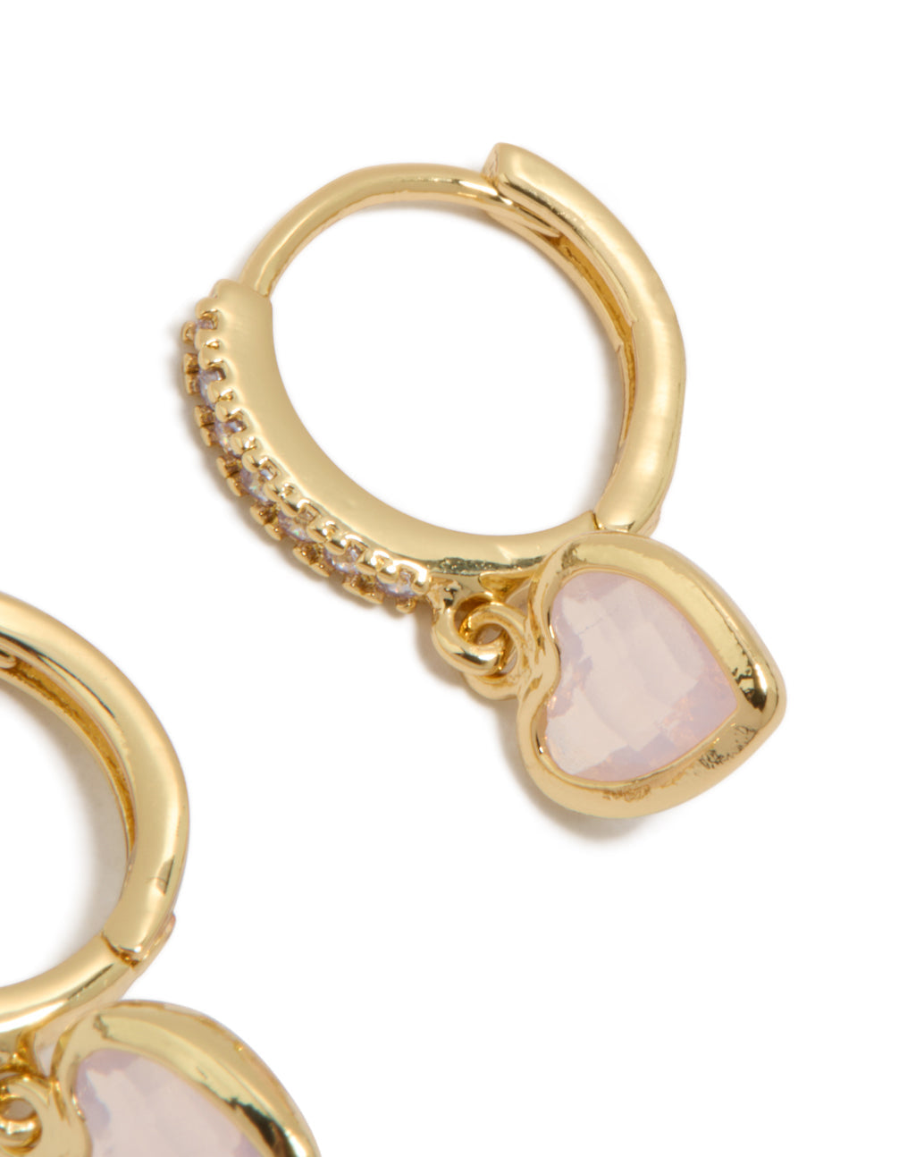 Gold Plated Cubic Zirconia & Pink Heart Drop Huggie Earrings