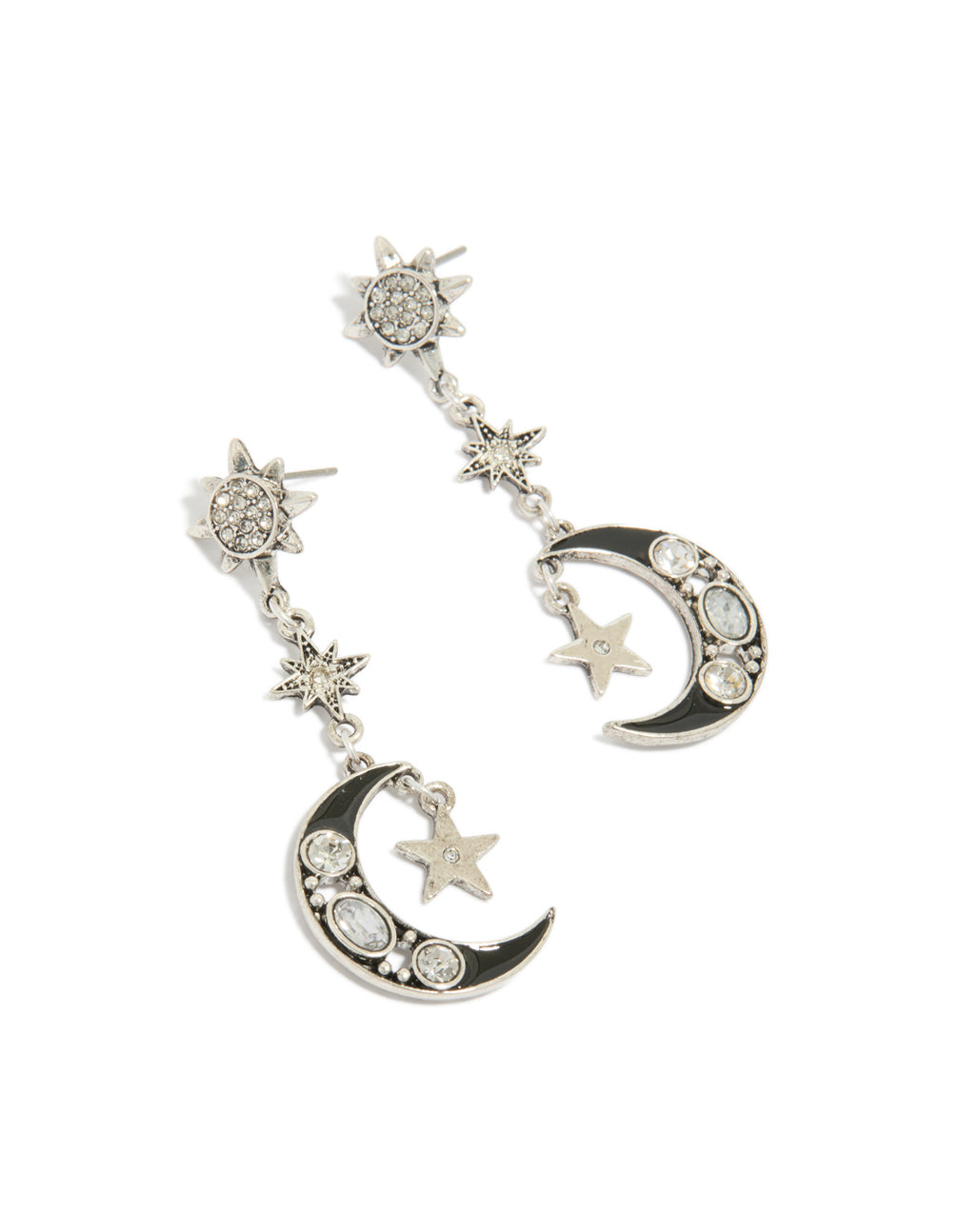 Antique Silver Edgy Star Moon Drop Earrings