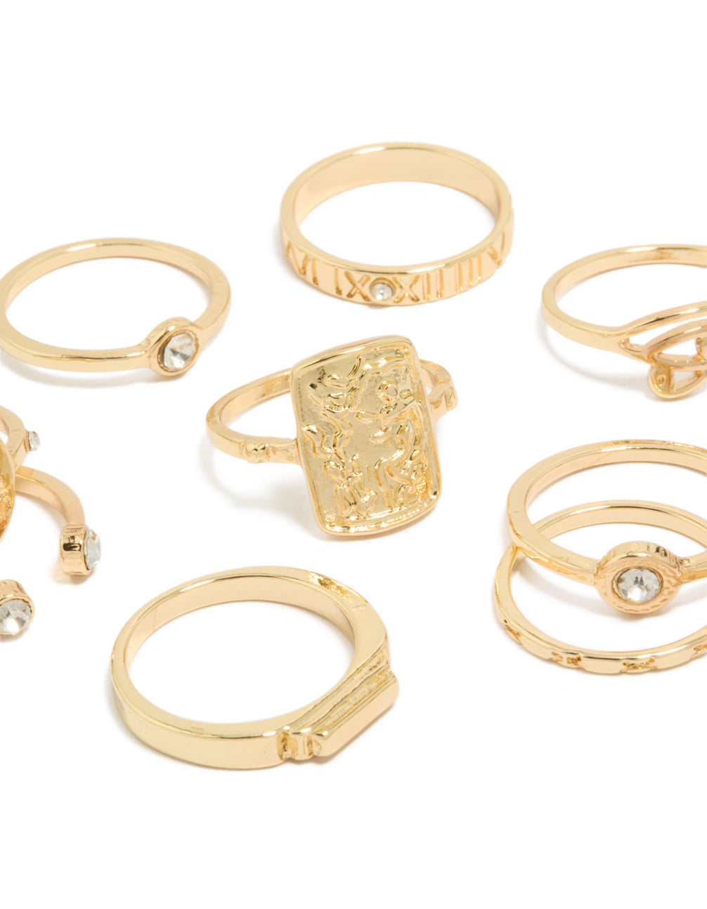 Gold Roman Numeral & Diamante Rings 9-Pack