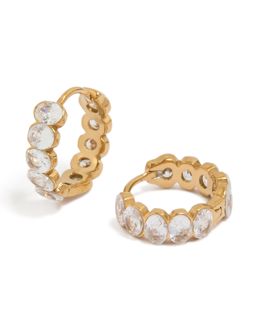 Waterproof Gold Plated Stainless Steel Round Bezel Set Cubic Zirconias Huggie Earrings
