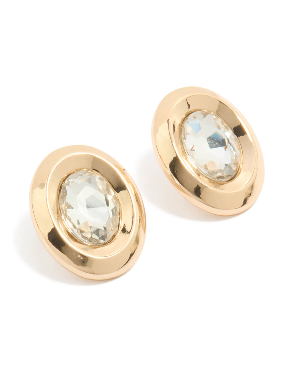Gold Round & Oval Clear Diamante Stud Earrings