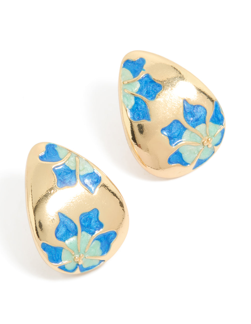 Gold Painted Blue Flowers Huggie Earrings