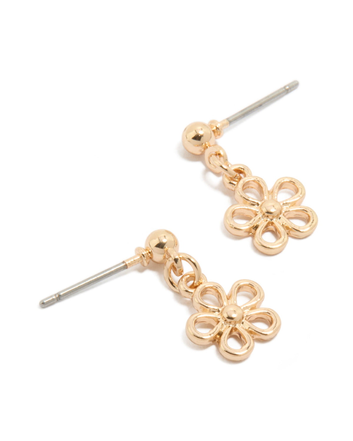 Gold Wire Flower Drop Stud Earrings