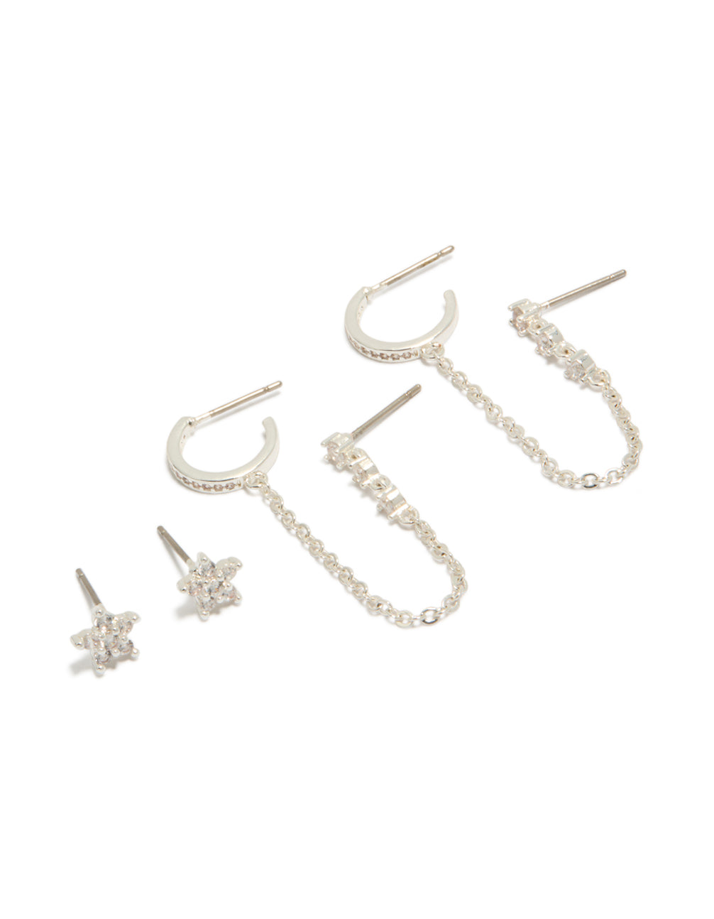 Silver Plated Cubic Zirconia Floral & Chain Mini Earrings Pack