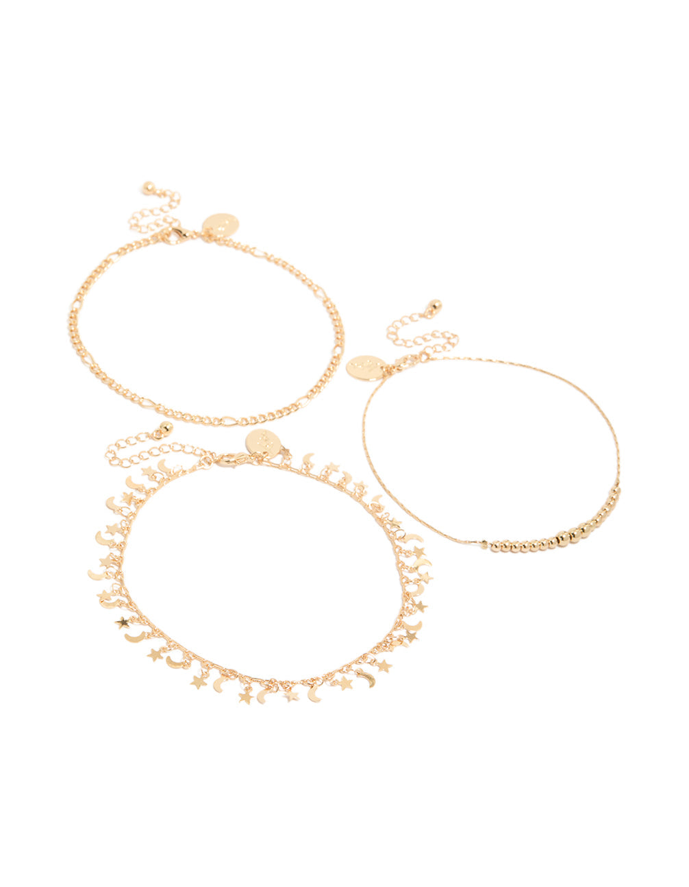 Gold Celestial Charms & Balls Anklets 3-Pack