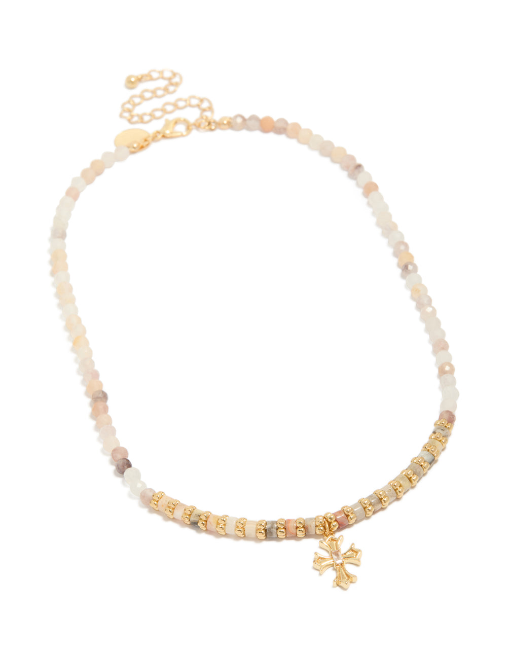 Gold Plated Semi Precious Stones Beaded Cross Necklace