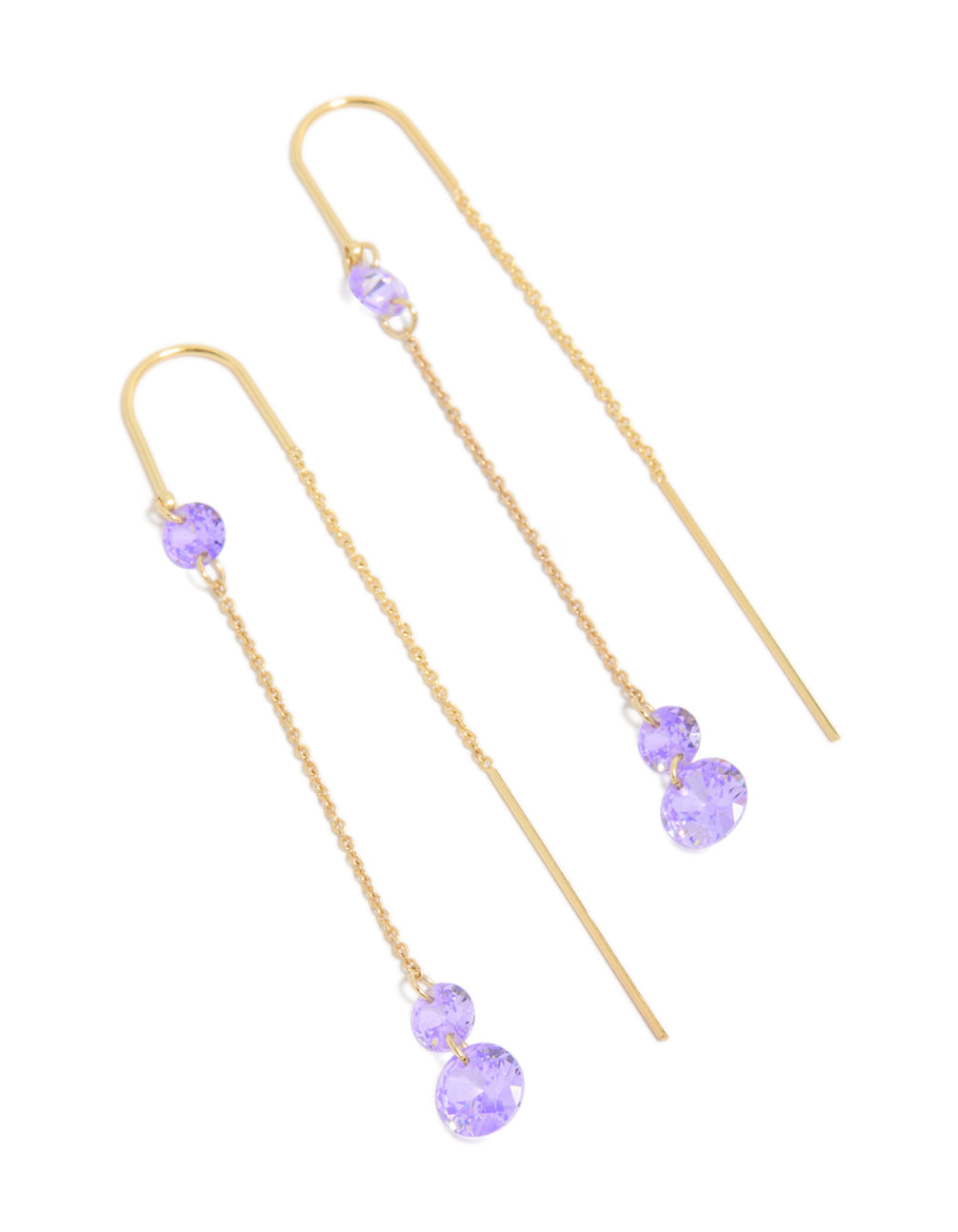 Gold Plated Purple Cubic Zirconia Drop Thread Through Hook Earrings