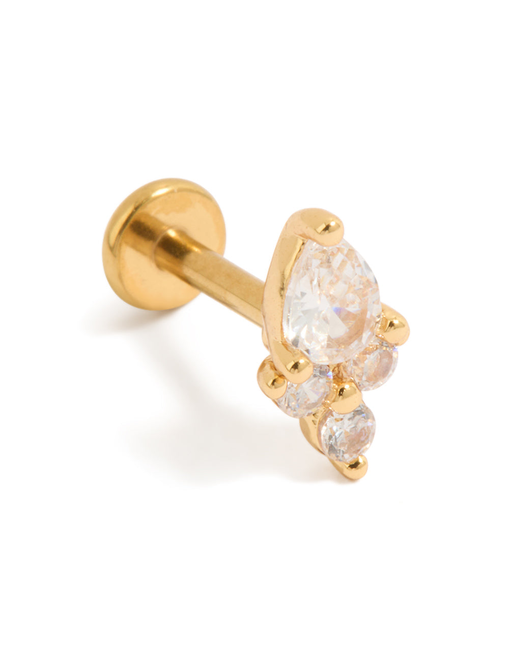 Gold Plated Titanium Cubic Zirconia Pear Cluster Single Flat Back Stud