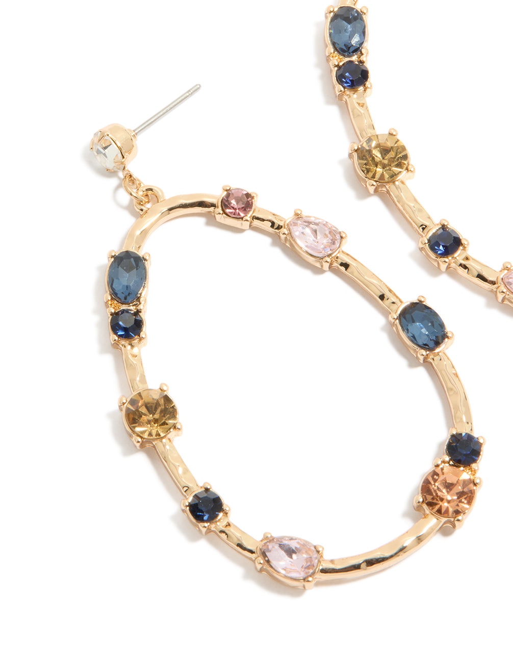 Gold Dark Blue & Peach Diamantes Open Oval Drop Earrings