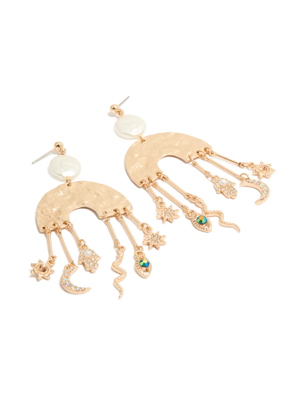 Brushed Gold Rainbow & Celestial Charm Drop Earrings