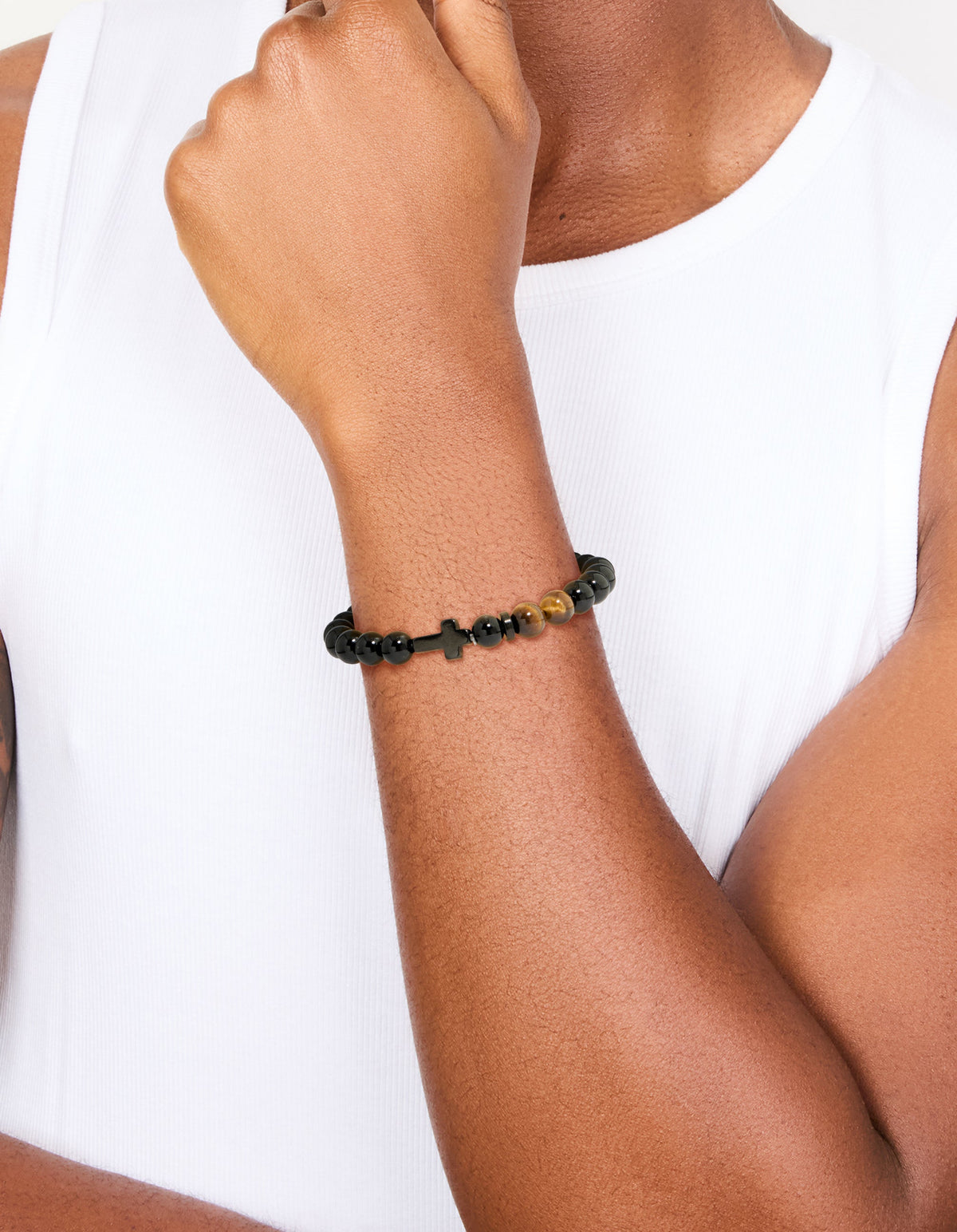 Mens Waterproof Black Coated Stainless Steel Black Cross & Tigers Eye Semi Beaded Cross Bracelet