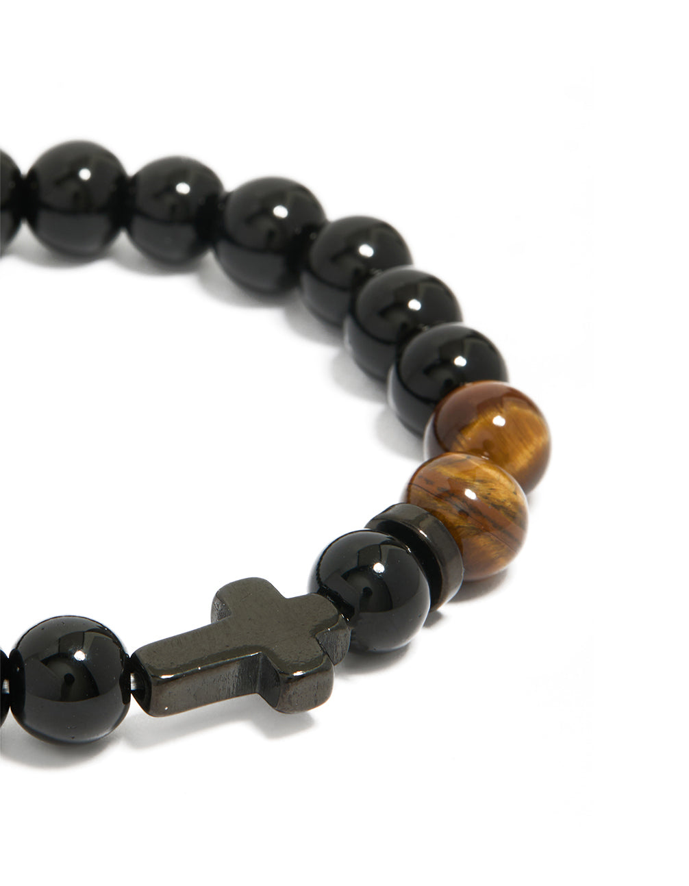 Mens Waterproof Black Coated Stainless Steel Black Cross & Tigers Eye Semi Beaded Cross Bracelet