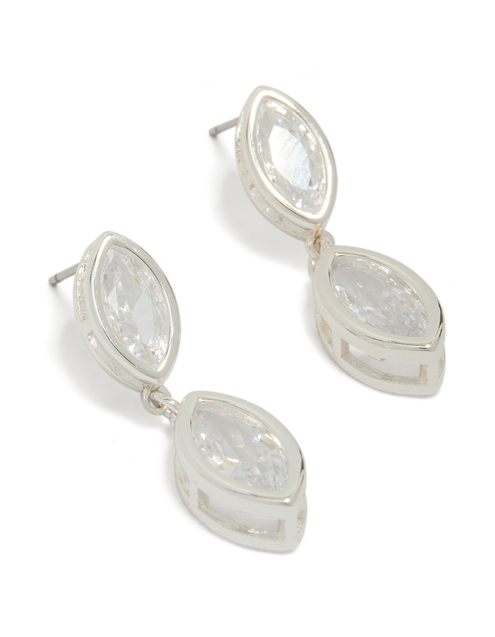 Silver Plated Cubic Zirconia Double Oval Bezel Drop Earrings