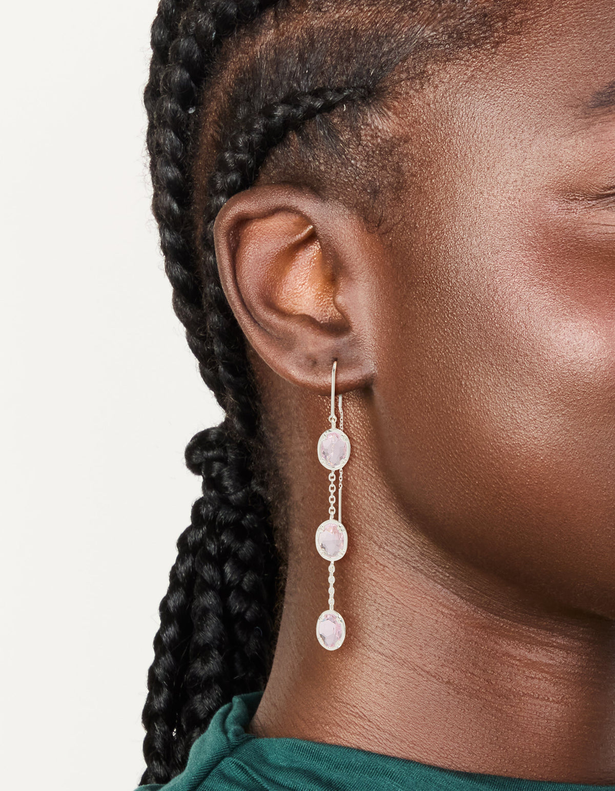 Silver Plated Pink Stone Thread Through Earrings
