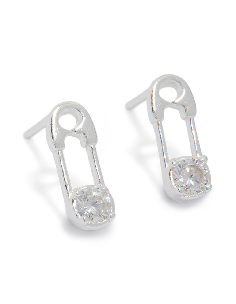 Sterling Silver Cubic Zirconia Safety Pin Stud Earrings