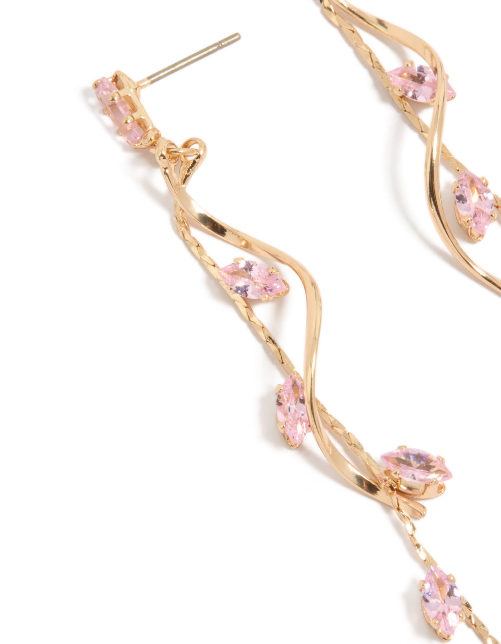 Gold Pink Diamante Swirl Vine Drop Earrings