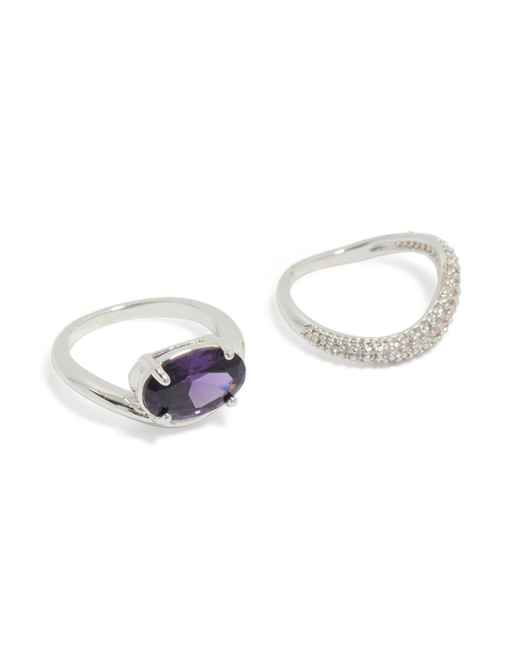 Silver Plated Clear & Purple Cubic Zirconia Oval Rings 2-Pack