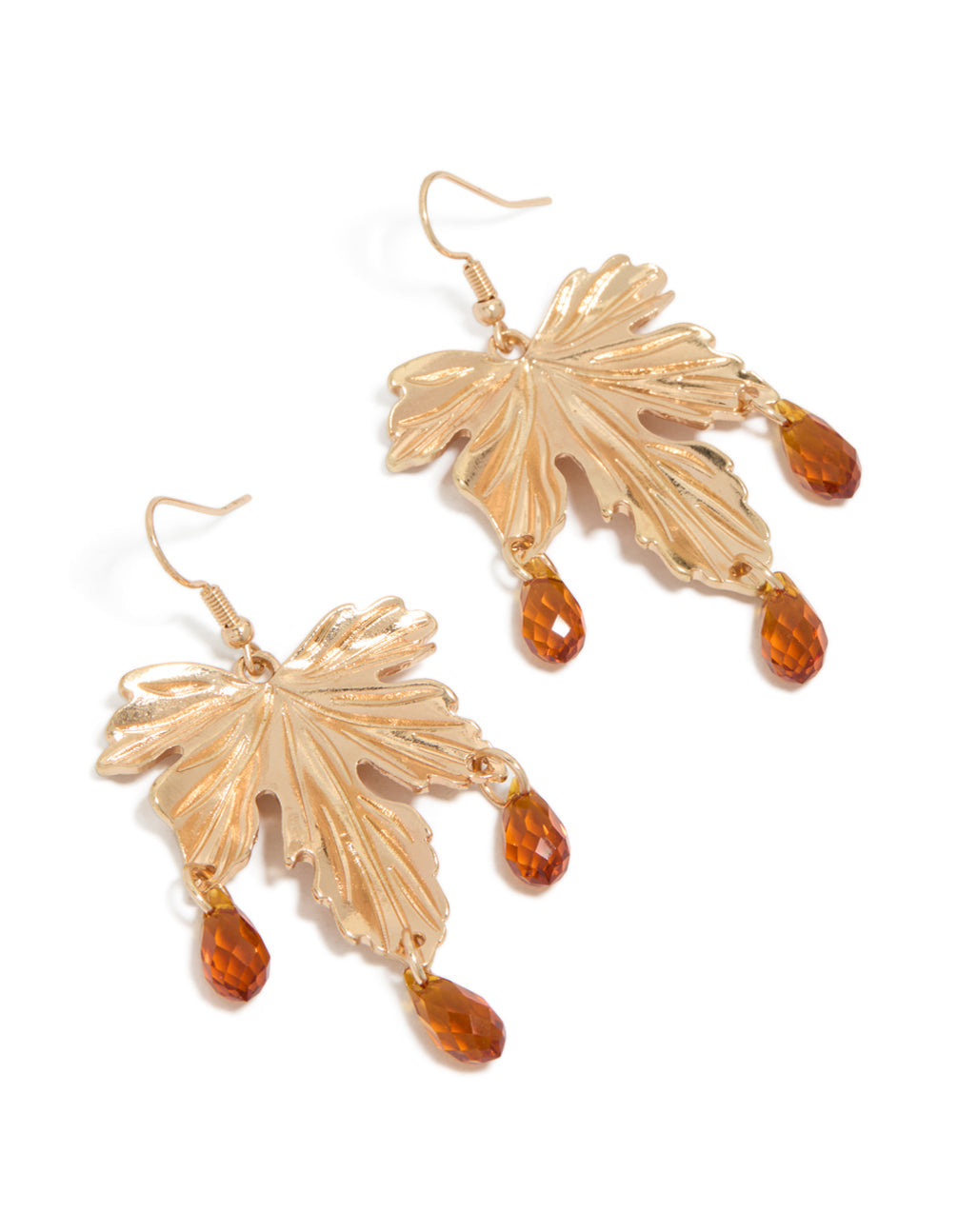 Gold Floral Orange Beaded Drop Earrings