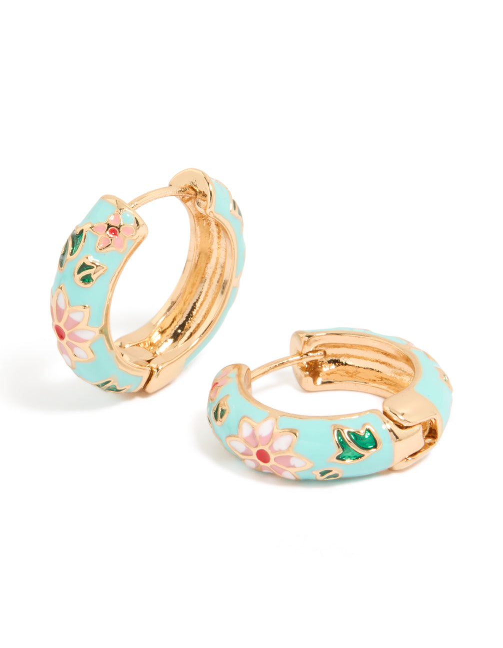 Gold Light Blue Enamel Pink Flower Print Thick Huggie Earrings