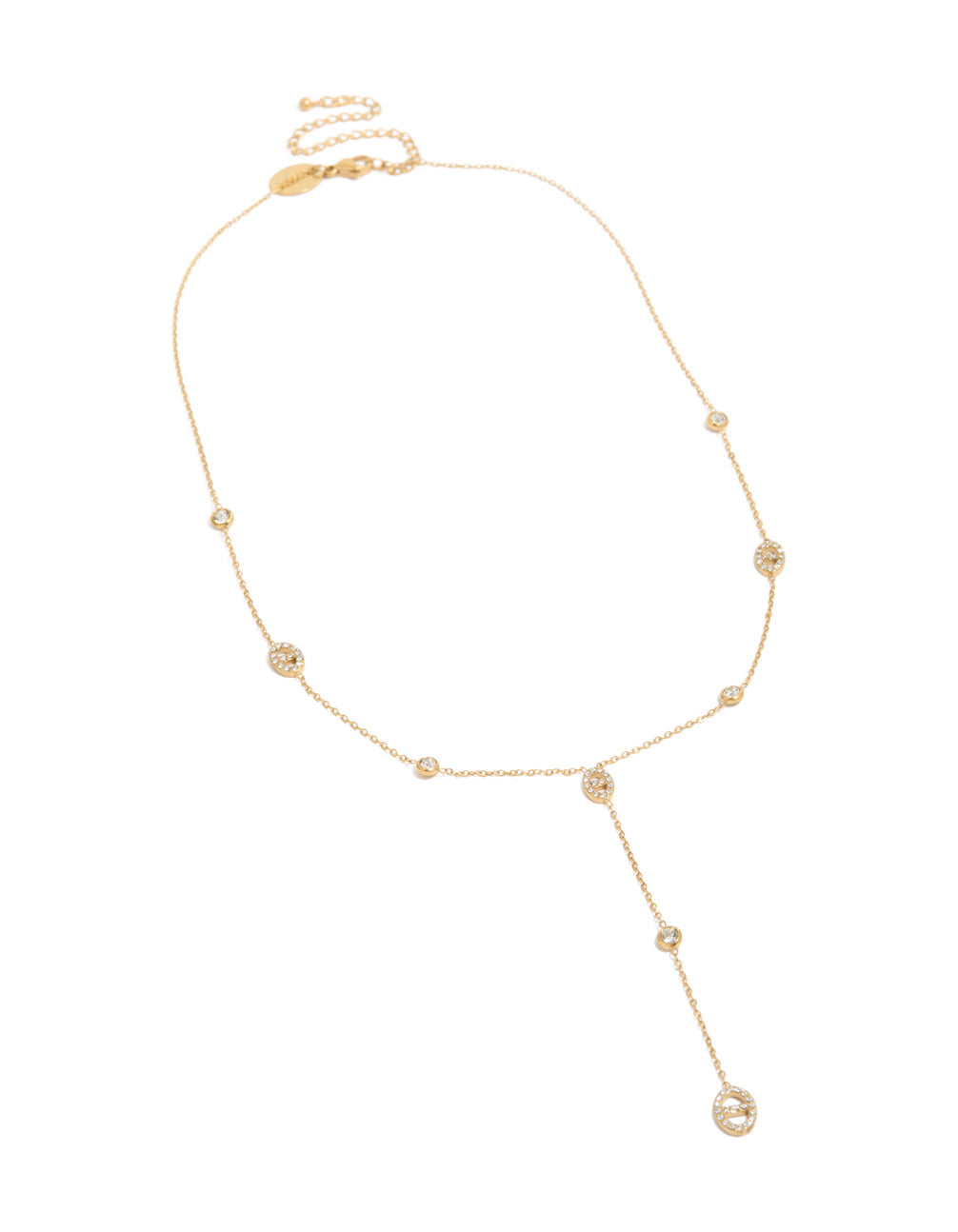 Waterproof Gold Plated Stainless Steel Cubic Zirconia Oval Station Y-Necklace