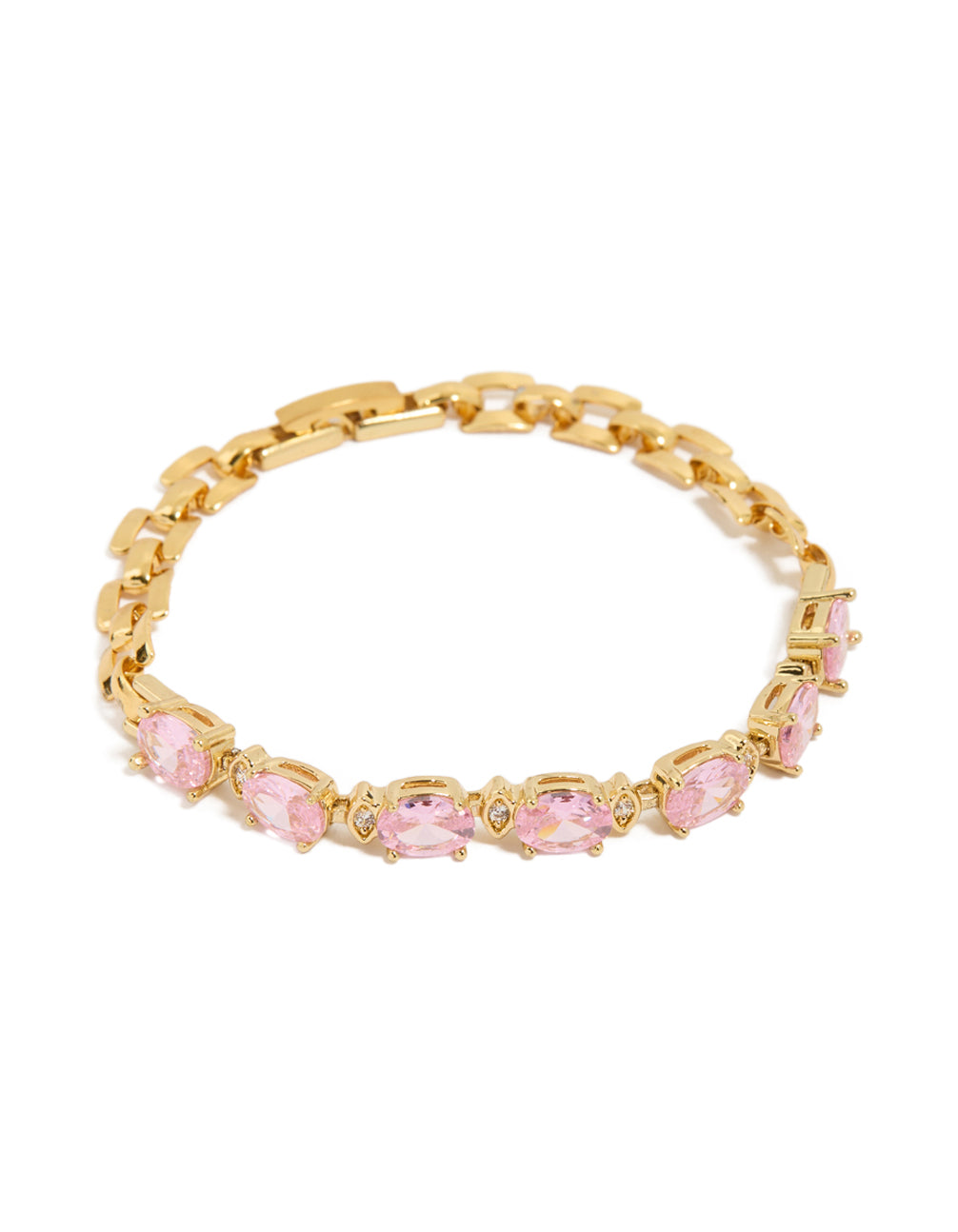 Waterproof Gold Plated Stainless Steel Pink Cubic Zirconia Oval Link Bracelet