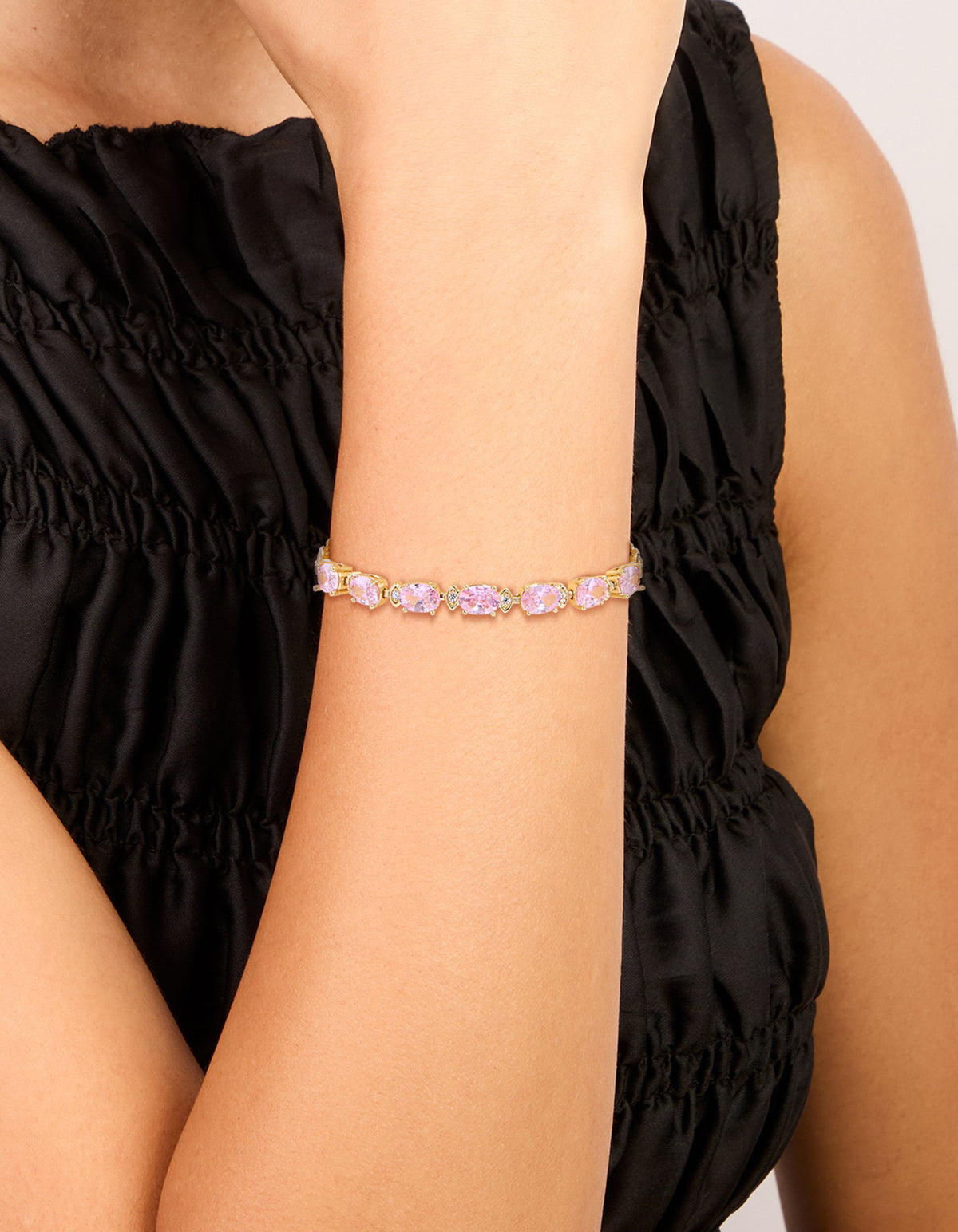 Waterproof Gold Plated Stainless Steel Pink Cubic Zirconia Oval Link Bracelet