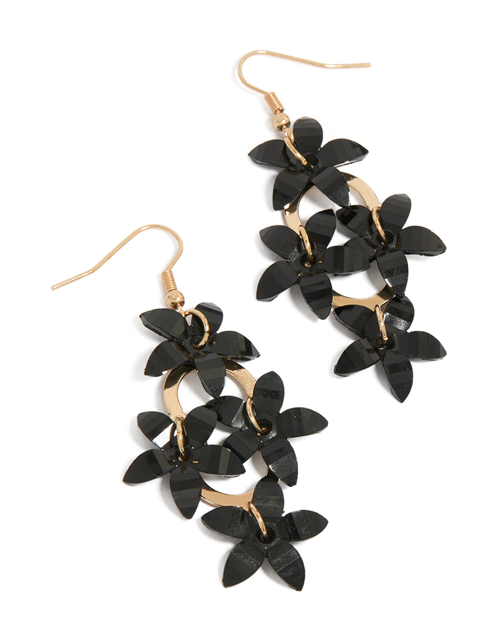 Gold Four Black Flowers Drop Earrings
