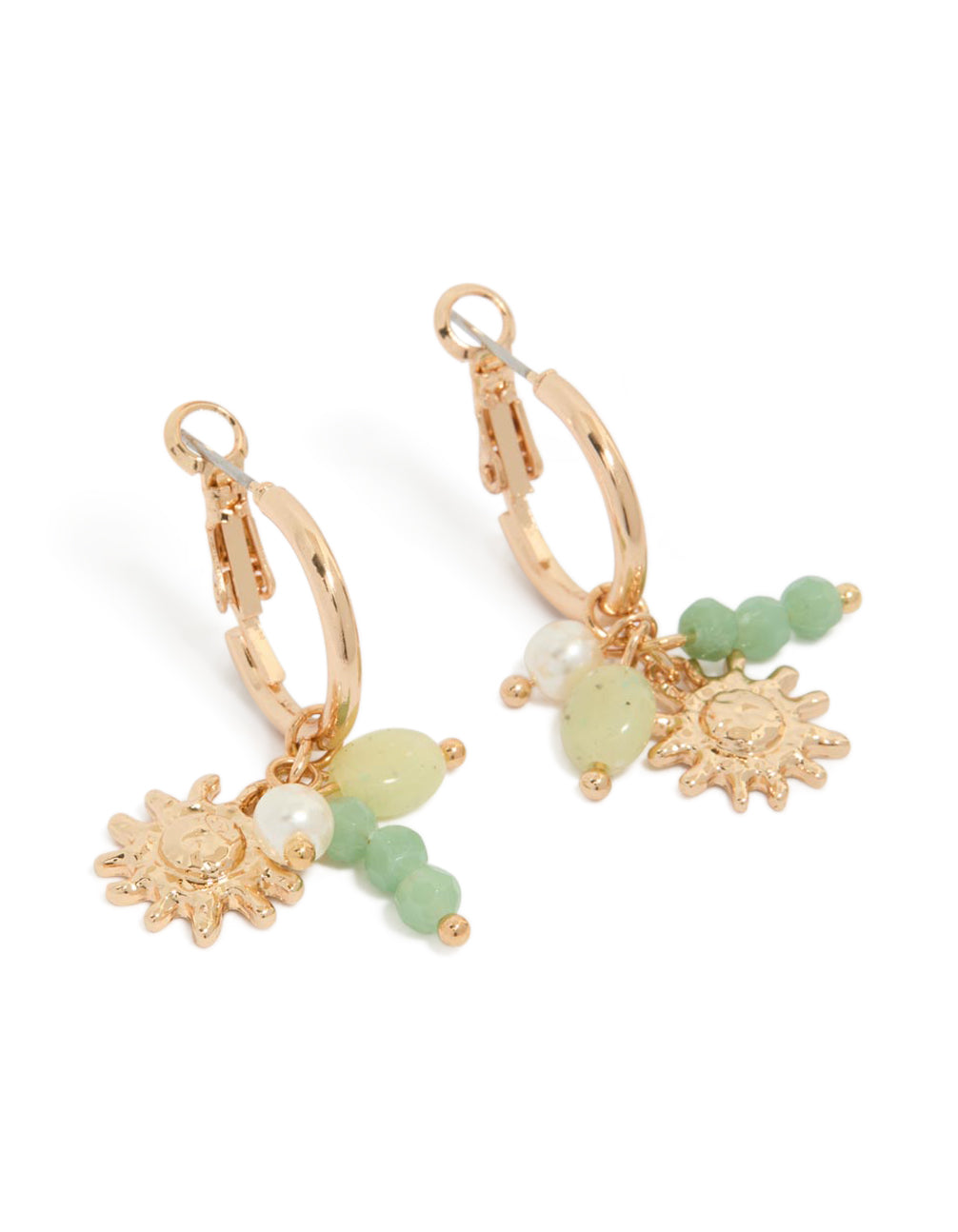 Gold Sun & Green Beaded Huggie Earrings
