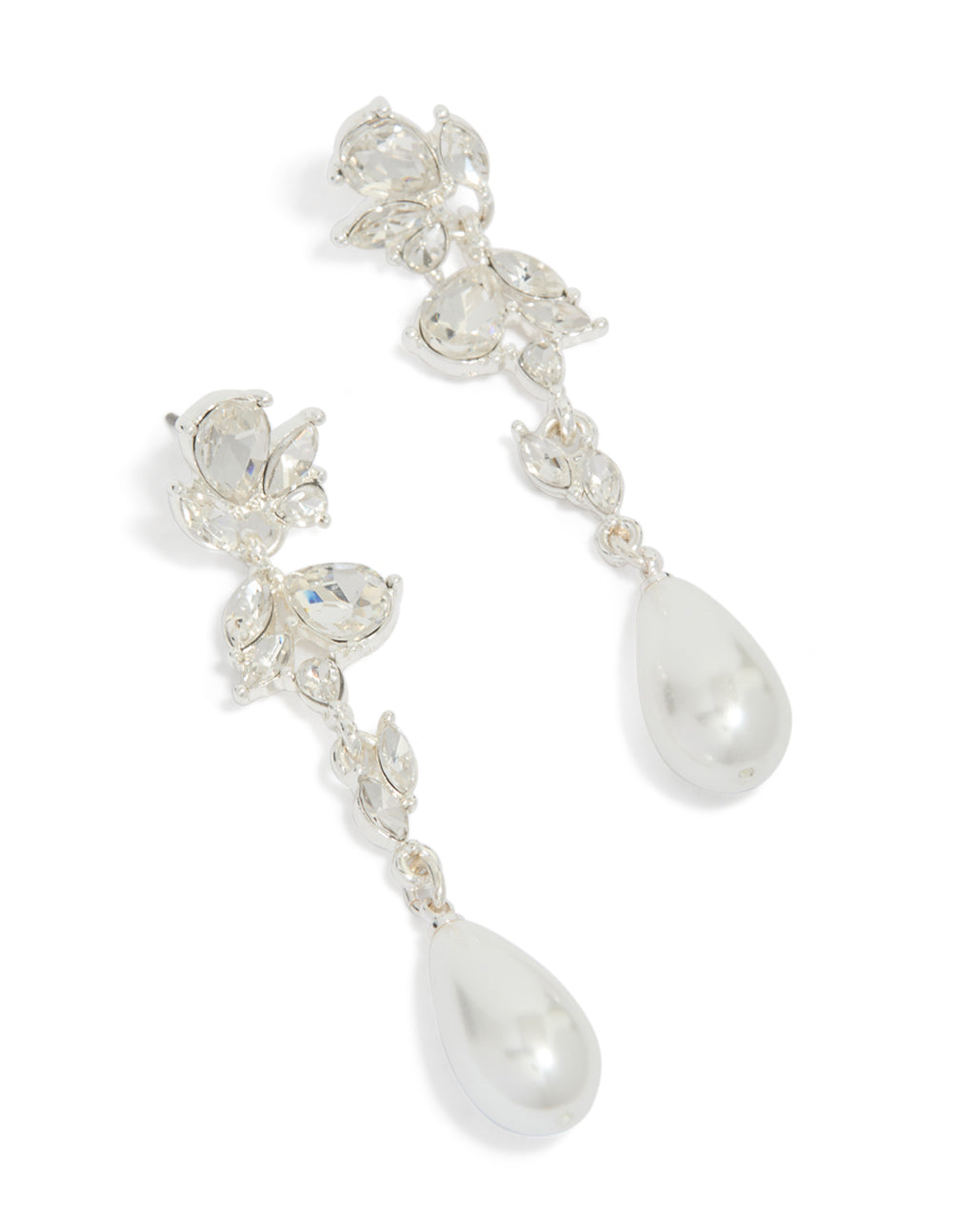 Silver Pearl & Crystal Leaf Drop Earrings