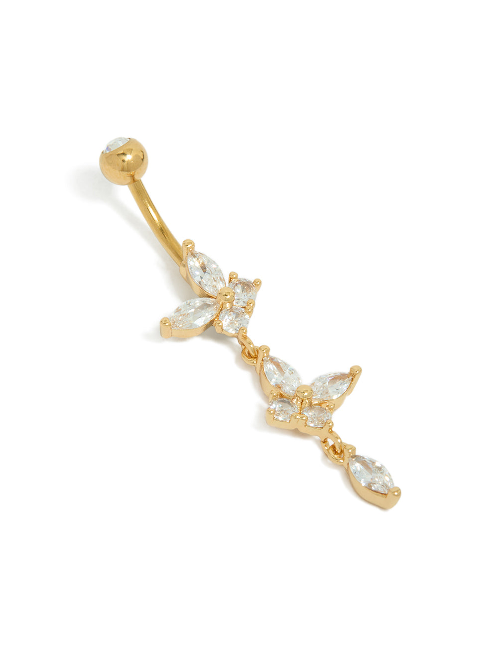 Gold Plated Surgical Steel Cubic Zirconia Butterfly Marquise Drop Belly Bar