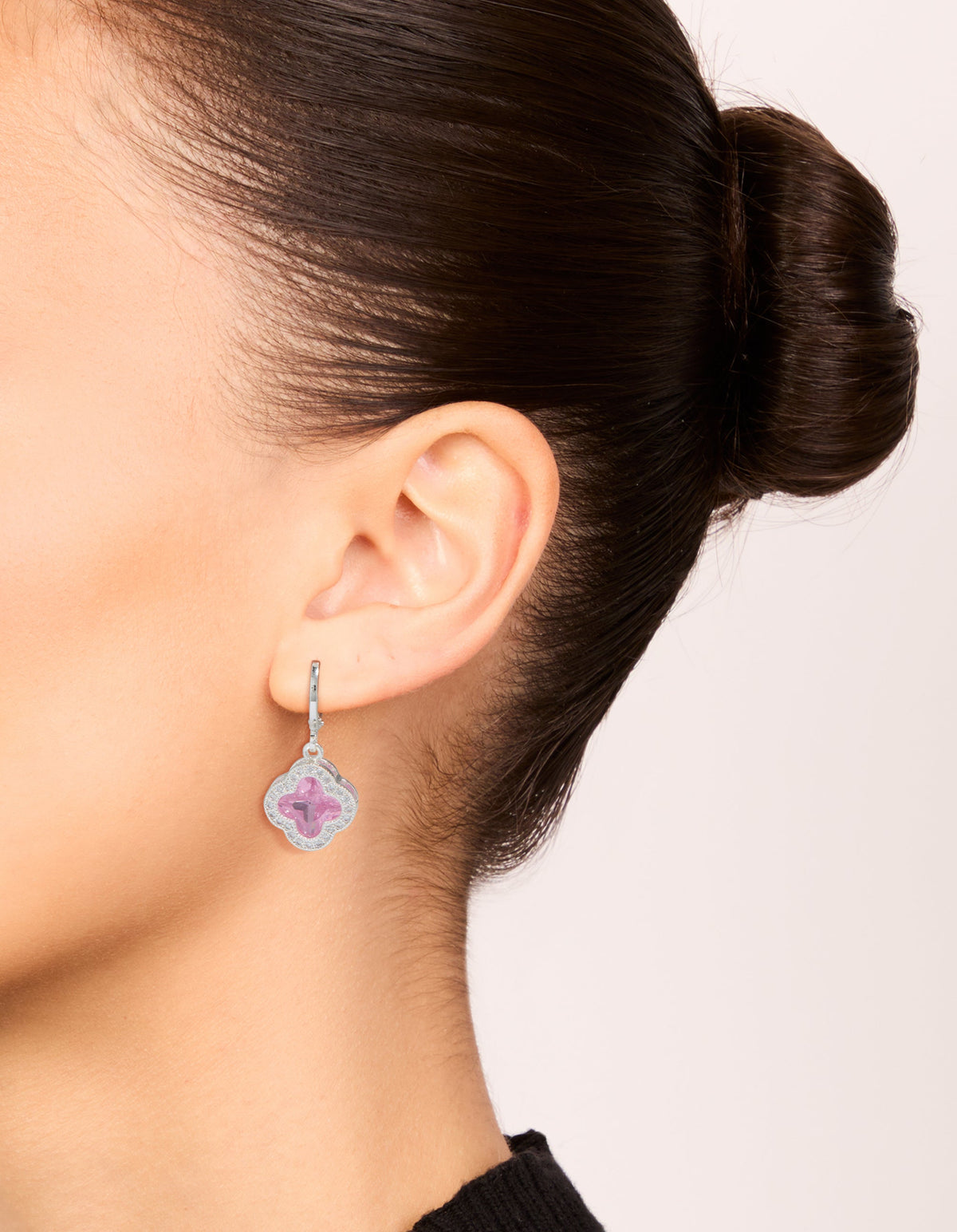 Silver Pink Cubic Zirconia Flower Huggie Earrings