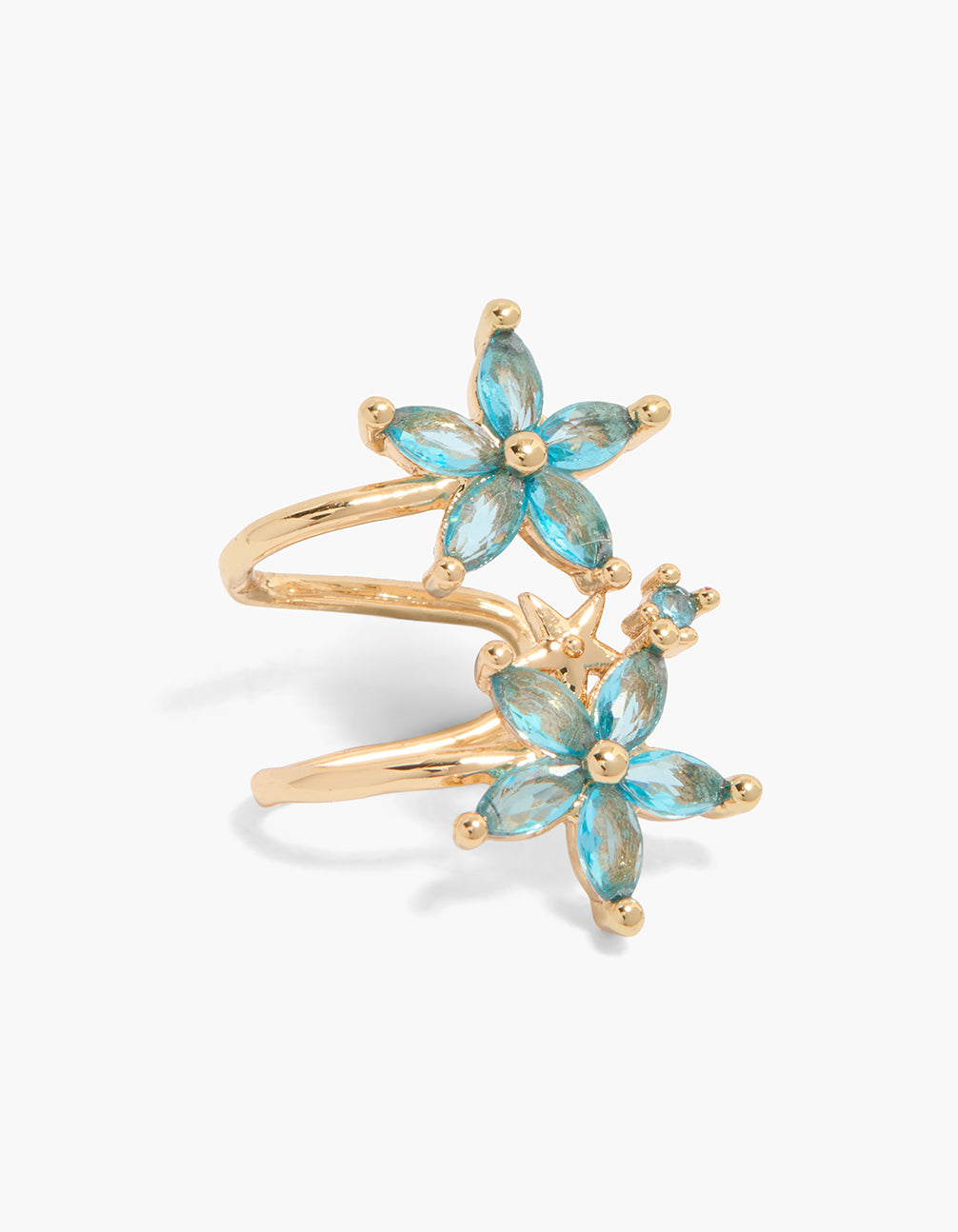 Gold Blue Cubic Zirconia Flowers Ear Cuff