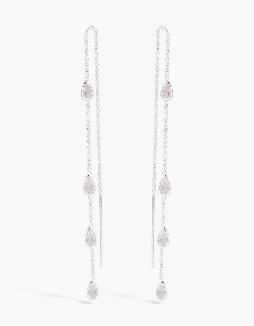 Silver Plated Pink Cubic Zirconias Station Threader Earrings