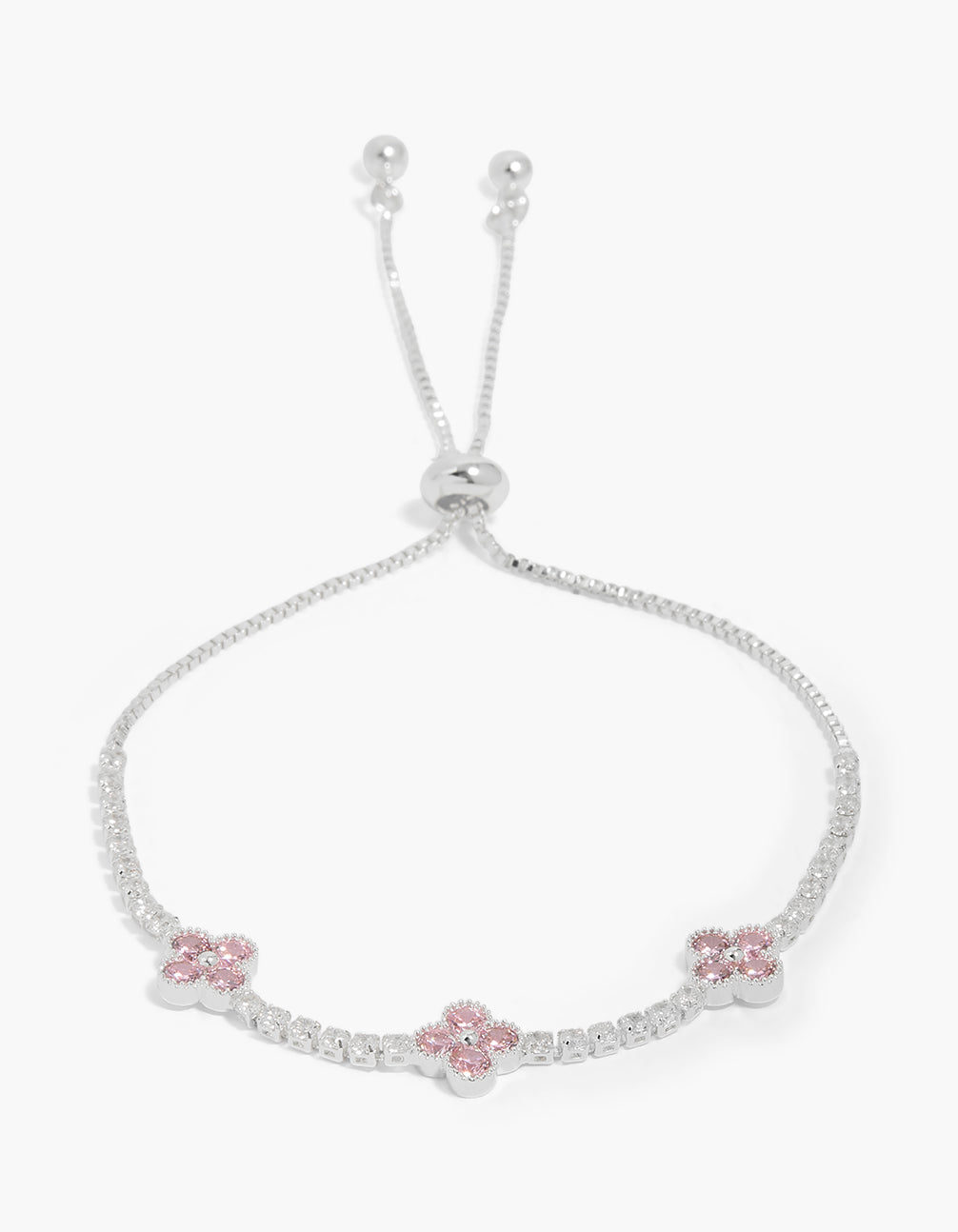 Silver Plated Cubic Zirconia Flowers Station Toggle Bracelet