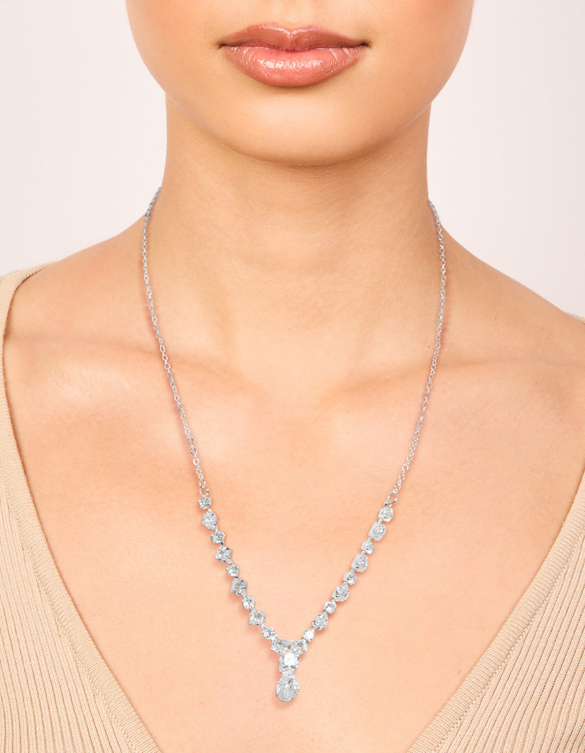 Silver Plated Small Graduating Cubic Zirconia Y-Necklace