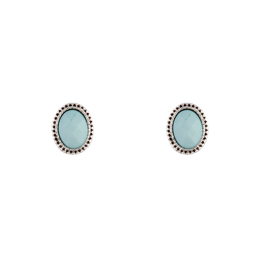 Antique Silver Blue Oval Stud Earrings