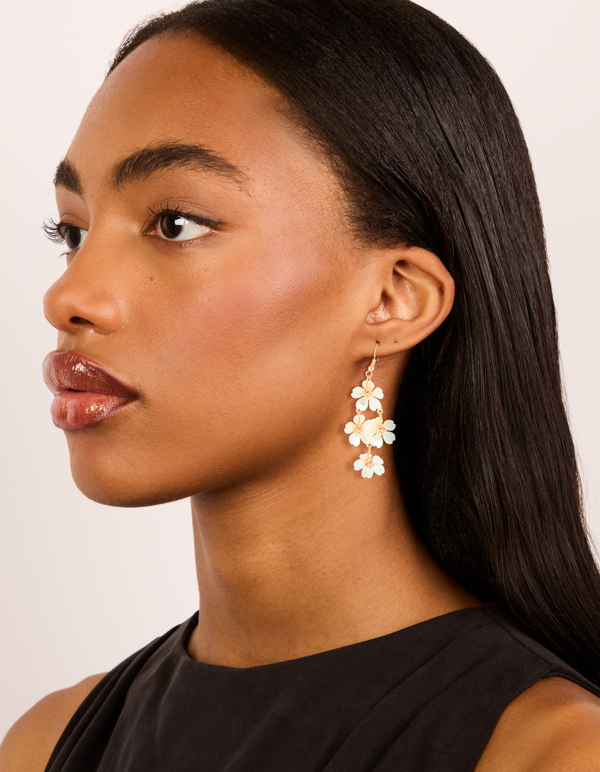 Gold Pearl Flower Vine Drop Earrings