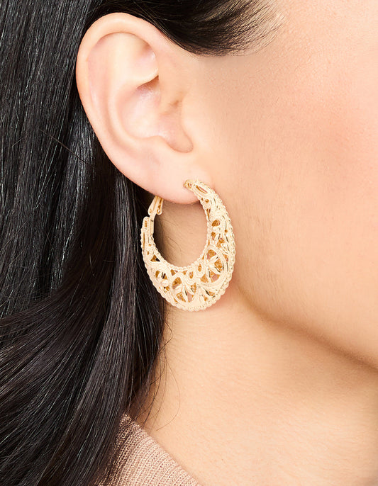 Gold Filigree Crescent Hoop Earrings
